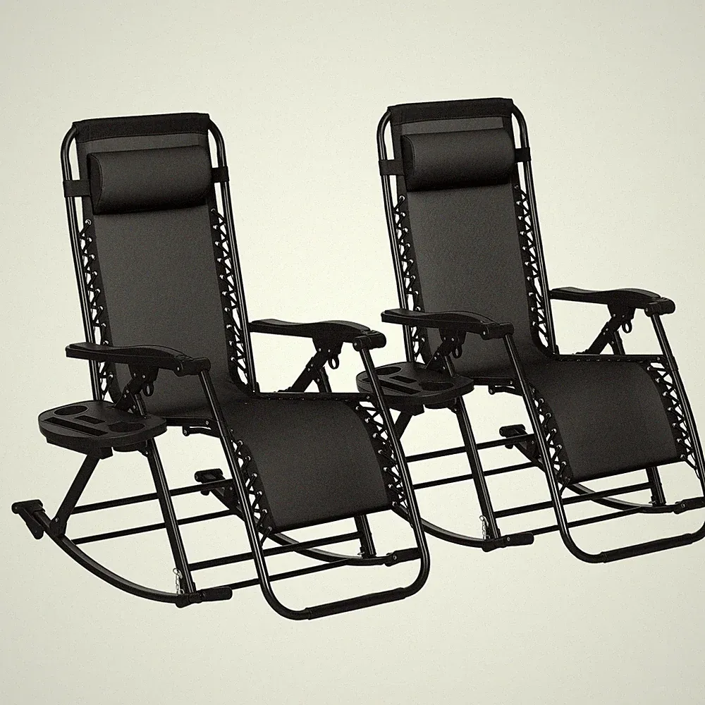 2 Pcs Folding Zero Gravity Reclining Rocking Chair, Pillow, Cup Holder, Black