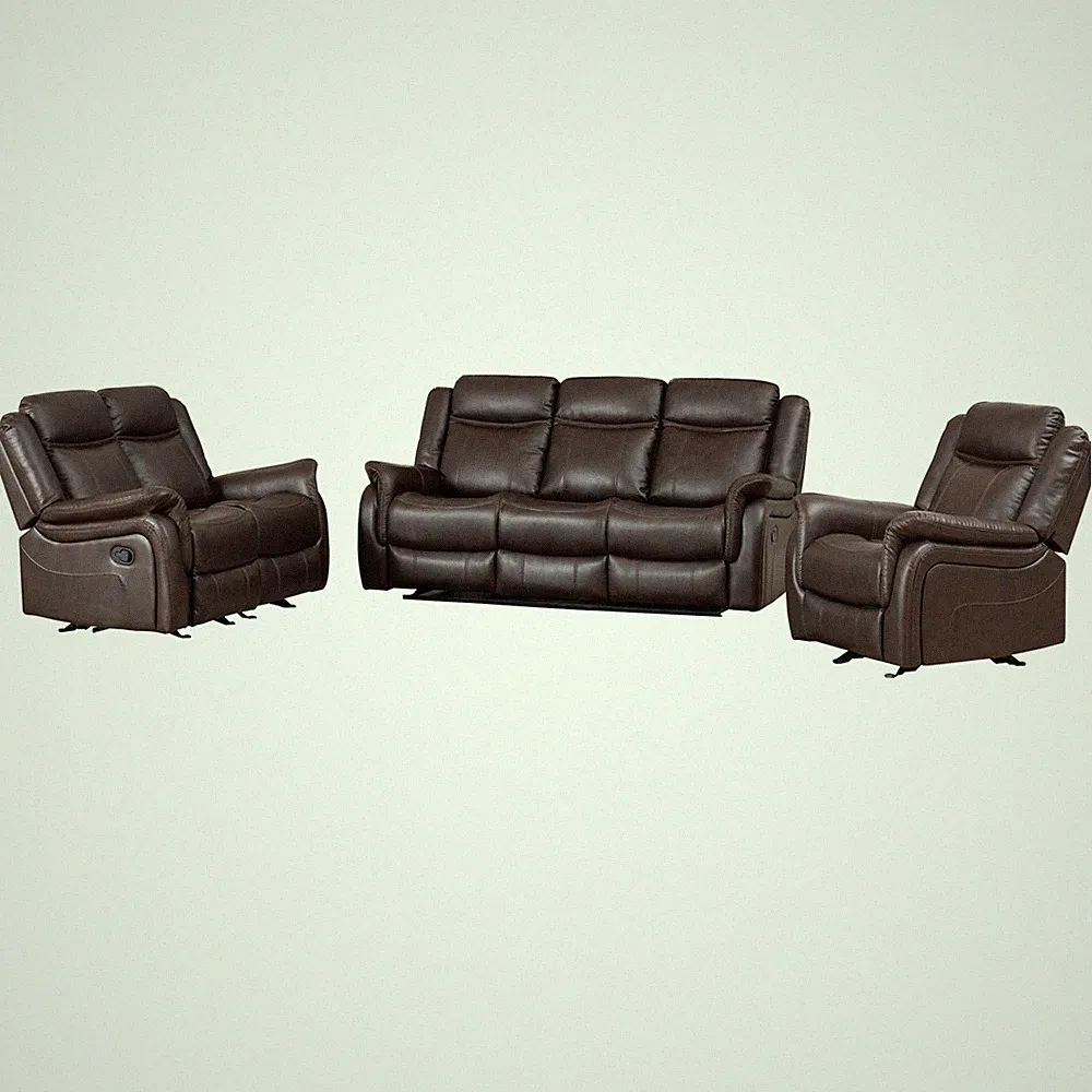 GOOEEN 3-Piece Living Room Set Brown Faux Leather Reclining Sofa Loveseat Chair
