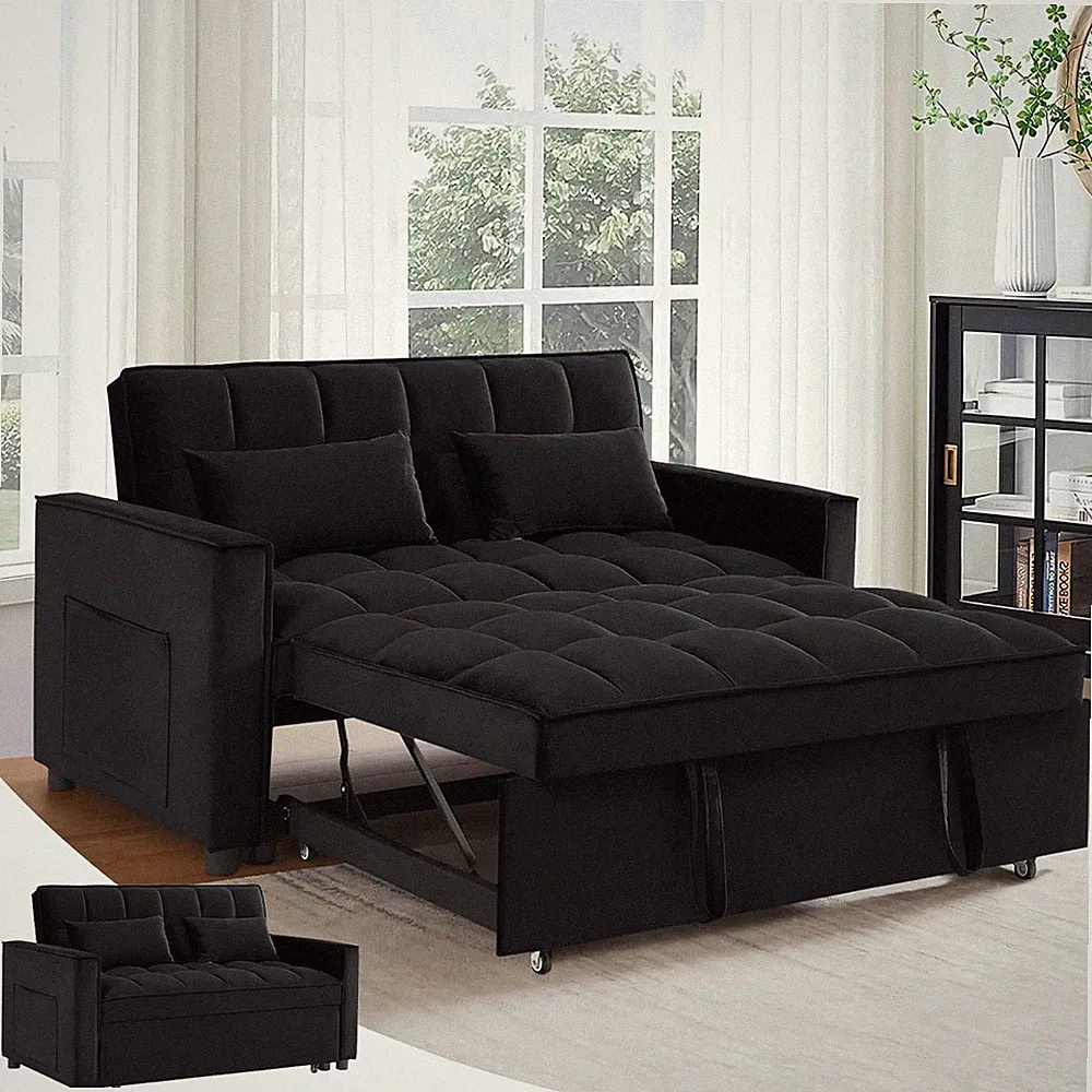 Modern Convertible Sofa Bed w/ Pull Out Bed,Velvet Convertible Sleeper Sofa Bed