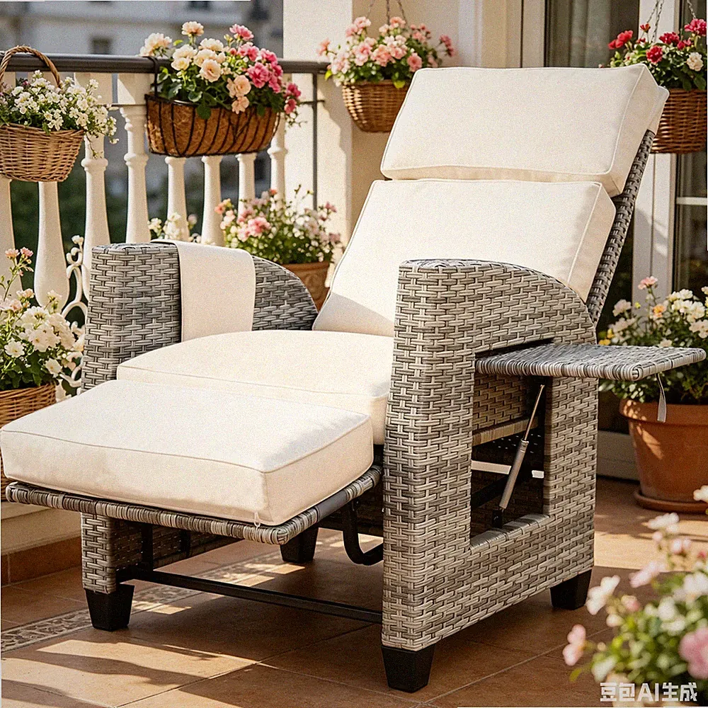 Outdoor Recliner, Patio Recliner, Adjustable Backrest & Footrest & Flip-up Table