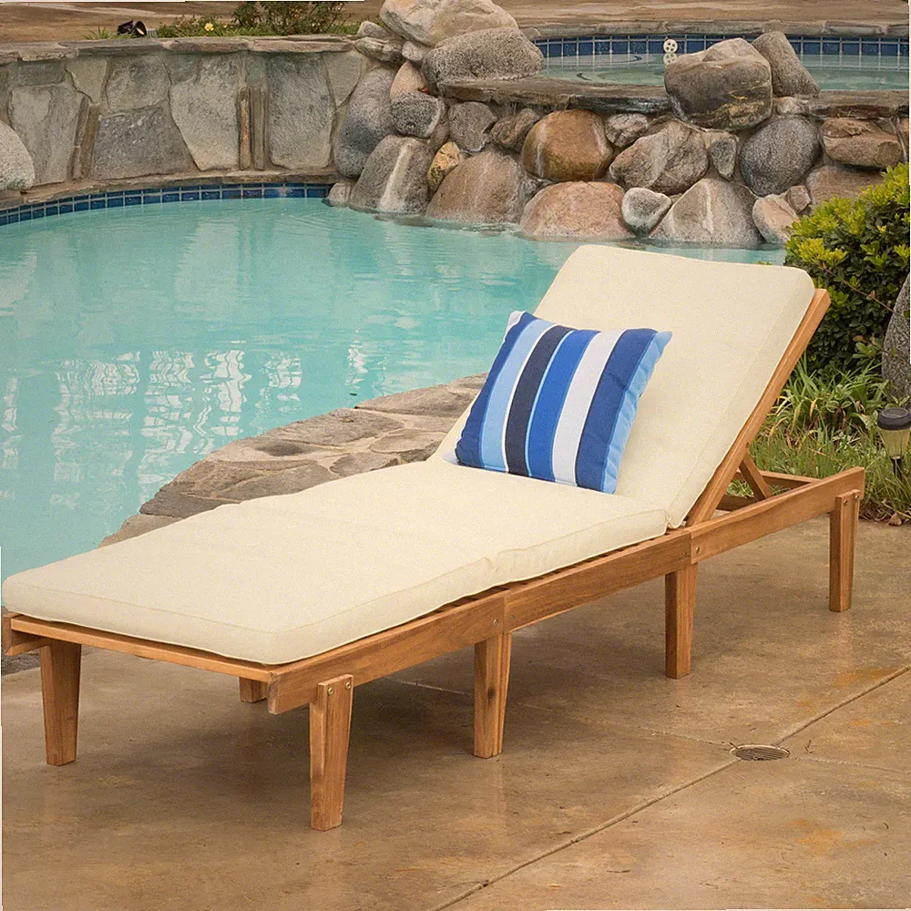 Poolside Acacia Wood Chaise Lounge Chair Recliner Outdoor Patio Chair W/ Cushio