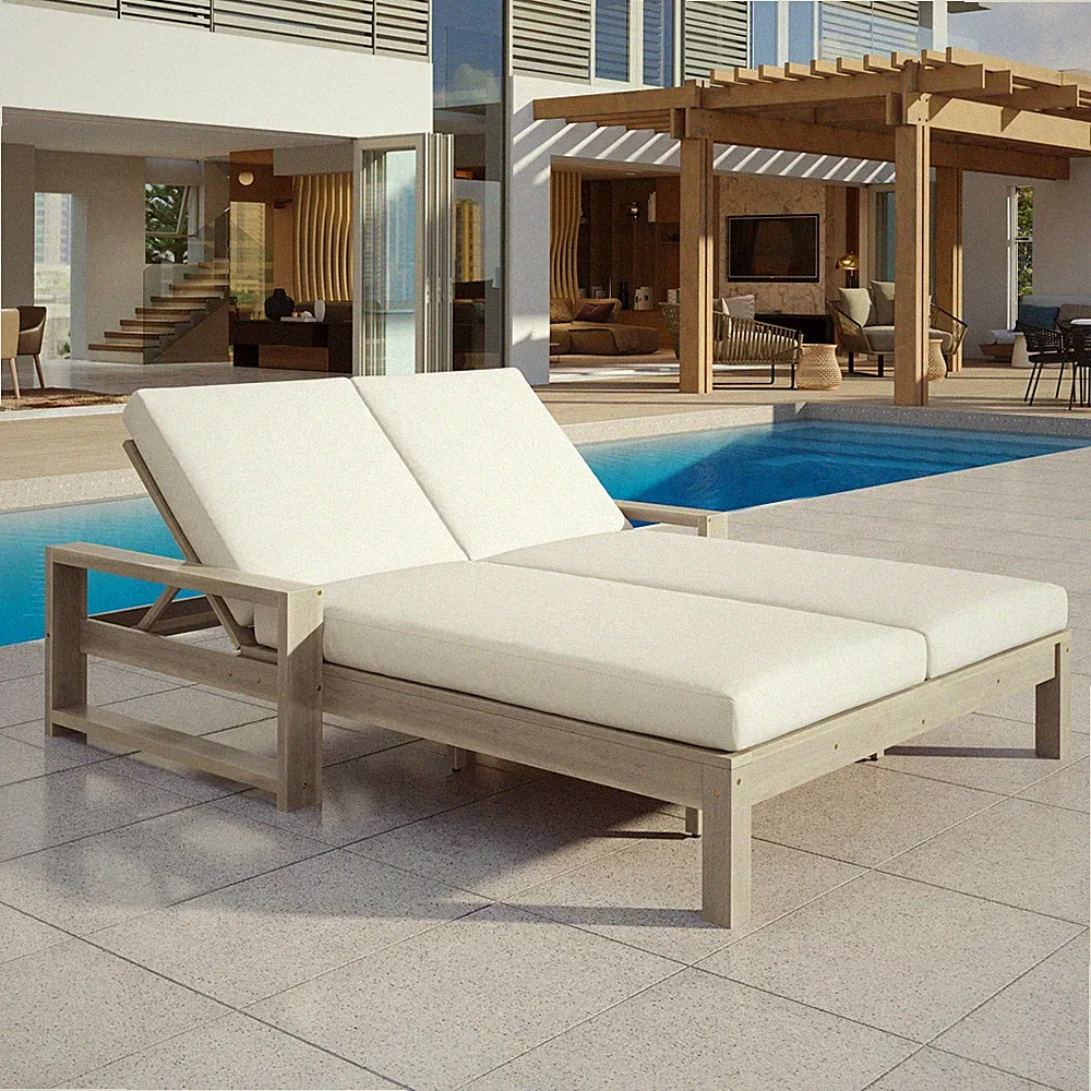 Poolside Double Chaise Lounge Chair 5-Position Adjustable Backrest 2 Person Gray