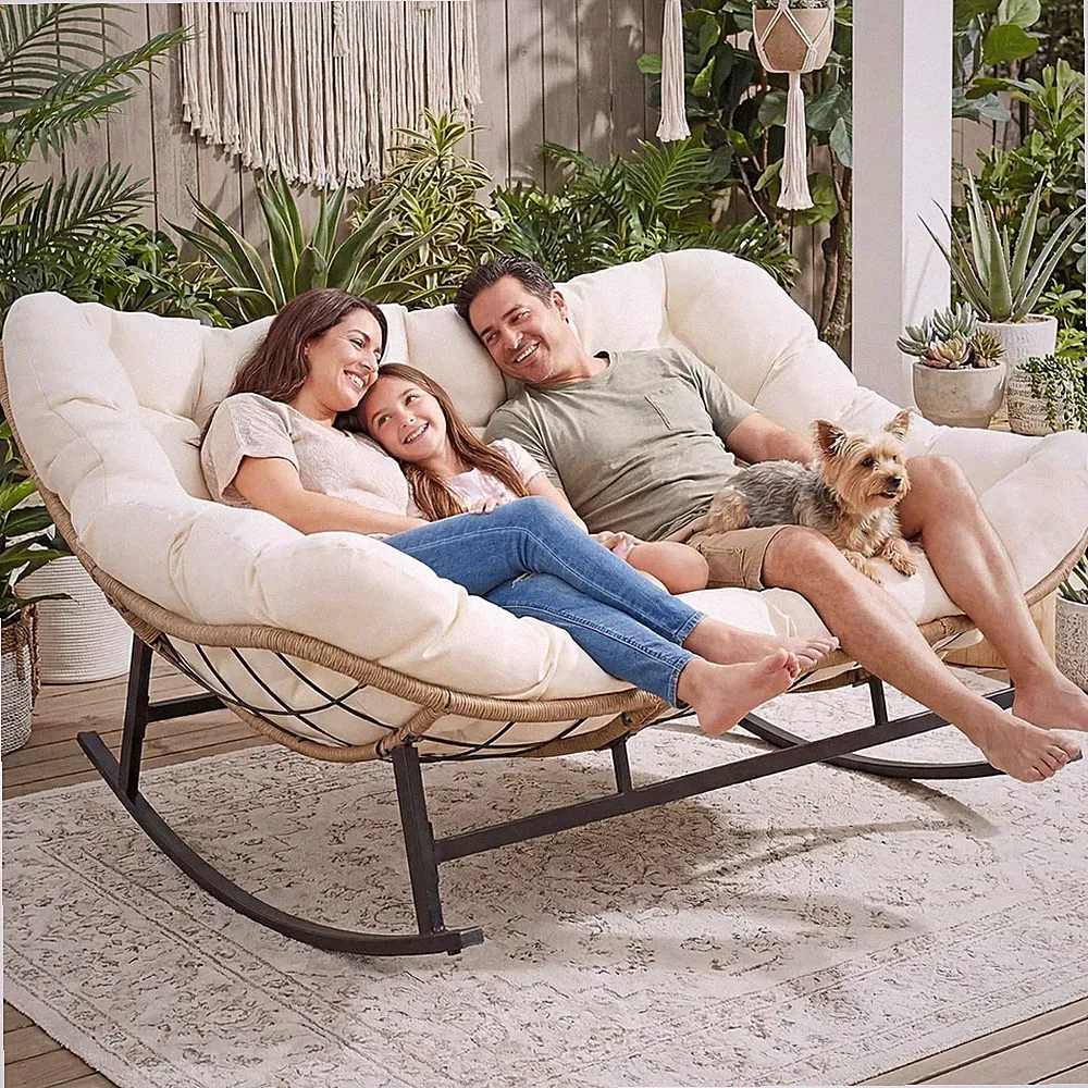 RADIATA Double Egg Rocking Chair for 2, Oversized Rattan Recliner Loveseat with